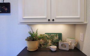 Mahogany wood counter and glazed painted custom cabinets.