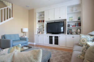 Family room - AFTER. Semi-custom cabinetry installed.
